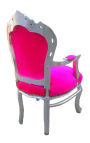 Sillón barroco estilo rosa terciopelo fucsia y madera plateada