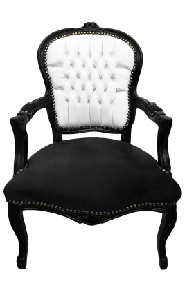 Sillón barroco de estilo Luis XV piel falsa de cuero blanco, terciopelo negro y madera negra