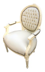 Barokke fauteuil Lodewijk XVI-stijl medaillon in valse beige lederen huid en beige gelakt hout 