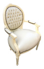 Barokke fauteuil Lodewijk XVI-stijl medaillon in valse beige lederen huid en beige gelakt hout 