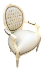 Baroque armchair Louis XVI style medallion in false beige leather skin and beige lacquered wood 