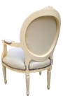 Baroque armchair Louis XVI style medallion in false beige leather skin and beige lacquered wood 