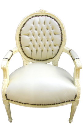 Barokke fauteuil Lodewijk XVI-stijl medaillon beige kunstleer en beige hout 