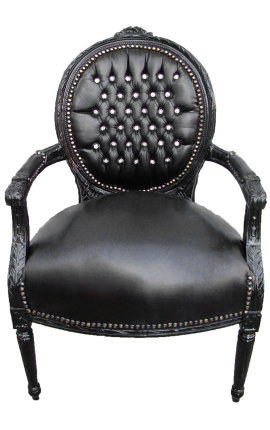 Fauteuil Louis XVI de style baroque simili cuir noir avec strass et bois noir