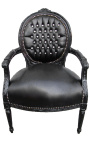 Baroque armchair Louis XVI style medallion black leatherette with rhinestones and black lacquered wood 