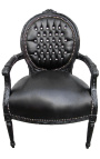 Baroque armchair Louis XVI black leatherette with rhinestones and black wood - 1