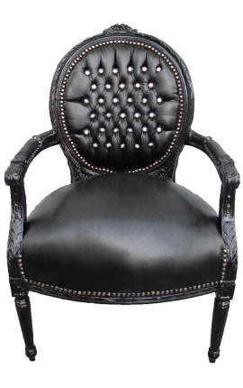 Baroque armchair Louis XVI black leatherette with rhinestones and black wood
