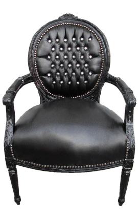 Poltrona barocca in ecopelle nera stile Luigi XVI con strass e legno nero