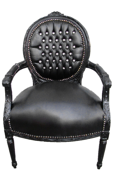 Fauteuil baroque de style Louis XVI simili cuir noir avec strass et bois noir