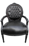 Barokke fauteuil Lodewijk XVI-stijl medaillon zwart kunstleer met strass-steentjes en zwart gelakt hout 