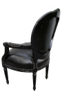 Baroque armchair Louis XVI style medallion black faux leather with rhinestones and black lacquered wood 