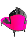 Grande chaise longue barocca in tessuto rosa fucsia e legno laccato nero