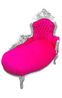 Barocke Chaiselongue aus fuchsiafarbenem Samt mit silbernem Holz