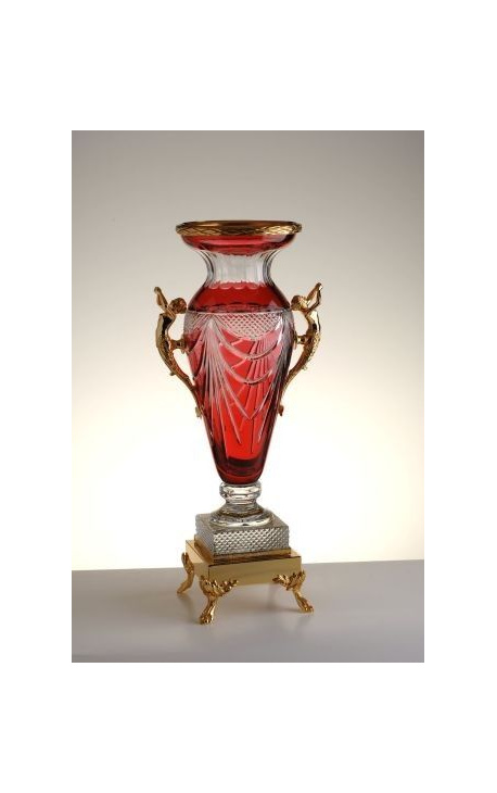 Gran jarrón de cristal rojo doblado y bronce Pompeya