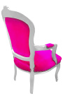 Fauteuil baroque de style Louis XV rose fuchsia et bois argenté