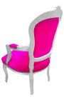 Fauteuil baroque de style Louis XV rose fuchsia et bois argenté