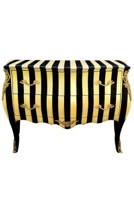 Baroque dresser Louis XV style black and gold striped with 2 drawers and gilt bronze