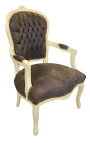 Fauteuil baroque de style Louis XV tissu chocolat et bois beige