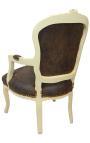 Fauteuil baroque de style Louis XV tissu chocolat et bois beige