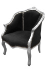 Fotoliu Bergere stil Louis XV catifea neagra si lemn argintiu