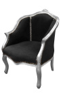 Bergere armchair Louis XV style black velvet and silver wood