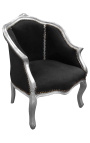 Bergere atzveltnes krēsls Louis XV stilā melns samts un sudraba koks