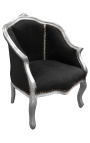 Fotoliu Bergere stil Louis XV catifea neagra si lemn argintiu