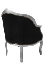 Bergere armchair Louis XV style black velvet and silver wood