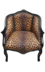 Poltrona Bergere Louis XV stile con tessuto leopardo e legno nero lucido - 1