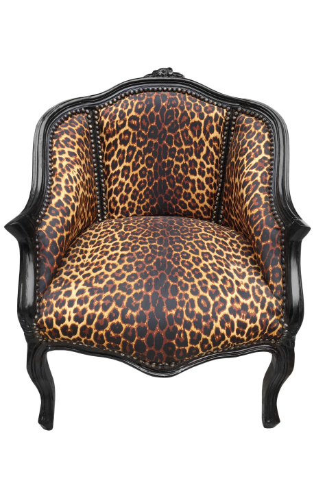 Bergere lenestol i Louis XV-stil med leopardstoff og blankt svart tre