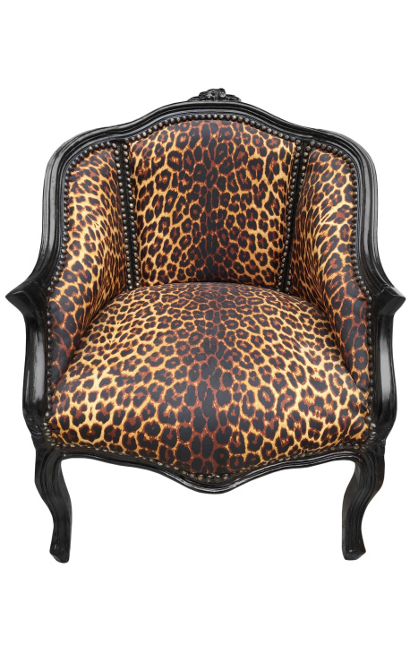 Bergere-Sessel im Louis-XV-Stil mit Leopardenstoff und glänzend schwarzem Holz