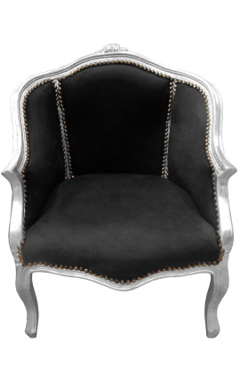 Bergere Sessel im Louis XV-Stil aus schwarzem Samt und silbernem Holz