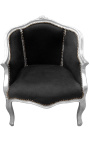 Fotel bergere Louis XV Styl czarny aksamit i srebrne drewno - 1