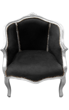 Fotoliu Bergere stil Louis XV catifea neagra si lemn argintiu