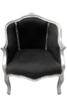 Bergere fotoliu Louis XV stil negru catifea si lemn de argint - 13