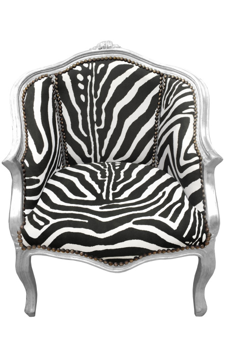 Bergère louis XV estilo zebra tecido e madeira de prata