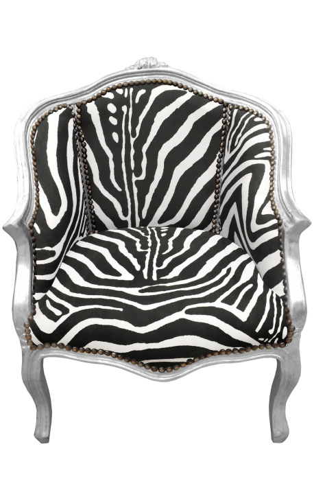 Bergere armchair Louis XV style zebra fabric and silvered wood