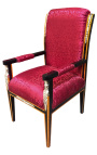 Grand Empire style armchair red satin fabric and black lacquered wood with bronze