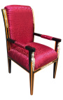 Grand fauteuil de style Empire tissu satiné rouge et bois laqué noir avec bronzes