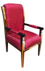 Grand Empire style armchair red satin fabric and black lacquered wood with bronze