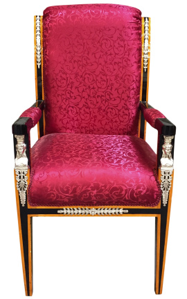 Grand Empire -tyylinen nojatuoli punaista satiinikangasta ja mustaksi lakattua puuta pronssilla