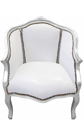 Bergere fåtölj Louis XV stil vitt läder och silverträ