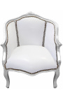 Bergere fotoliu Louis XV stil alb din piele albă și lemn de argint - 1