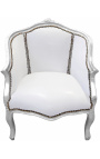 Bergere atzveltnes krēsls Louis XV stila mākslīgā āda balta un sudraba koka
