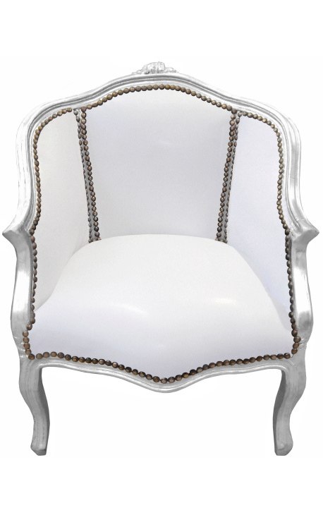 Bergère tecido estilo louis XV simili couro branco e madeira de prata