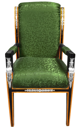Grand Empire style armchair green satin fabric and black lacquered wood with bronze