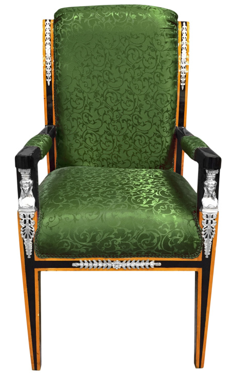 Gran Empire estilo sillón verde tela satinada y madera lacada negra con bronce