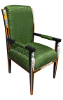 Grand Empire style armchair green satin fabric and black lacquered wood with bronze