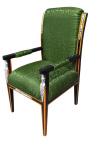 Grand Empire style armchair green satin fabric and black lacquered wood with bronze