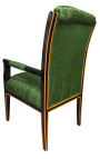 Grand fauteuil de style Empire tissu satiné vert et bois laqué noir avec bronzes